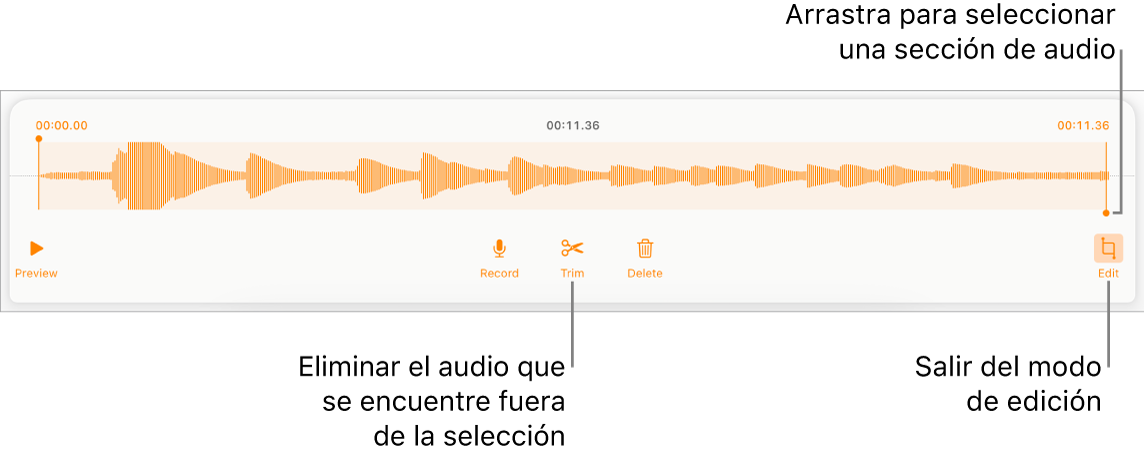 Controles para editar el audio grabado. Los tiradores indican la sección seleccionada de la grabación, y los botones para Previsualizar, Grabar, Acortar, Eliminar y modo de edición se encuentran debajo.