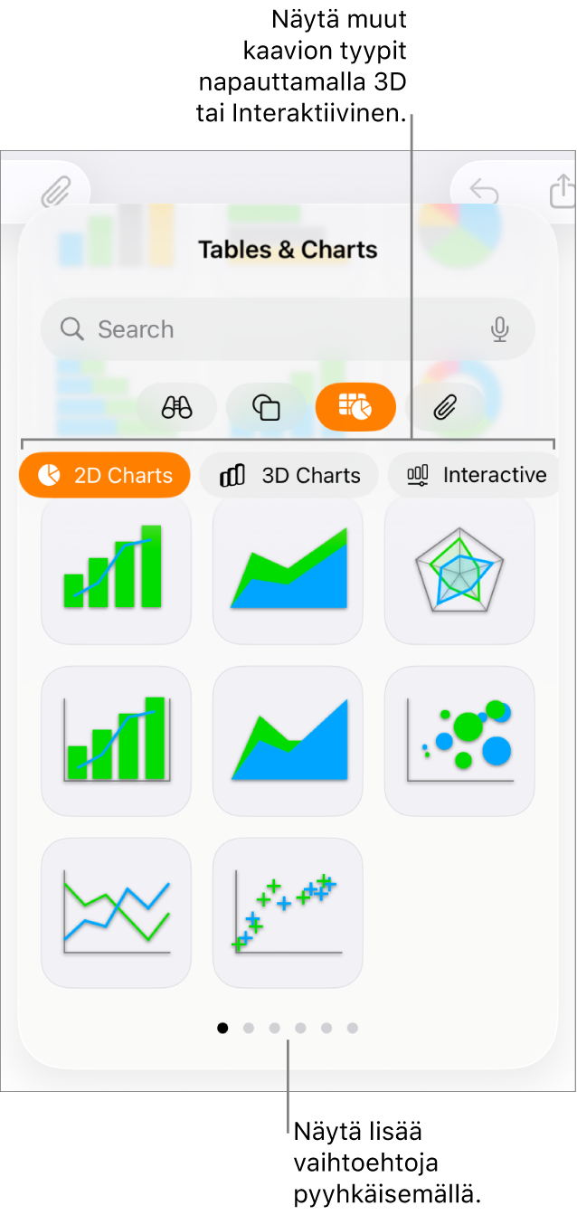 Lisää kaavio -valikko, jossa näkyy 2D-kaavioita.