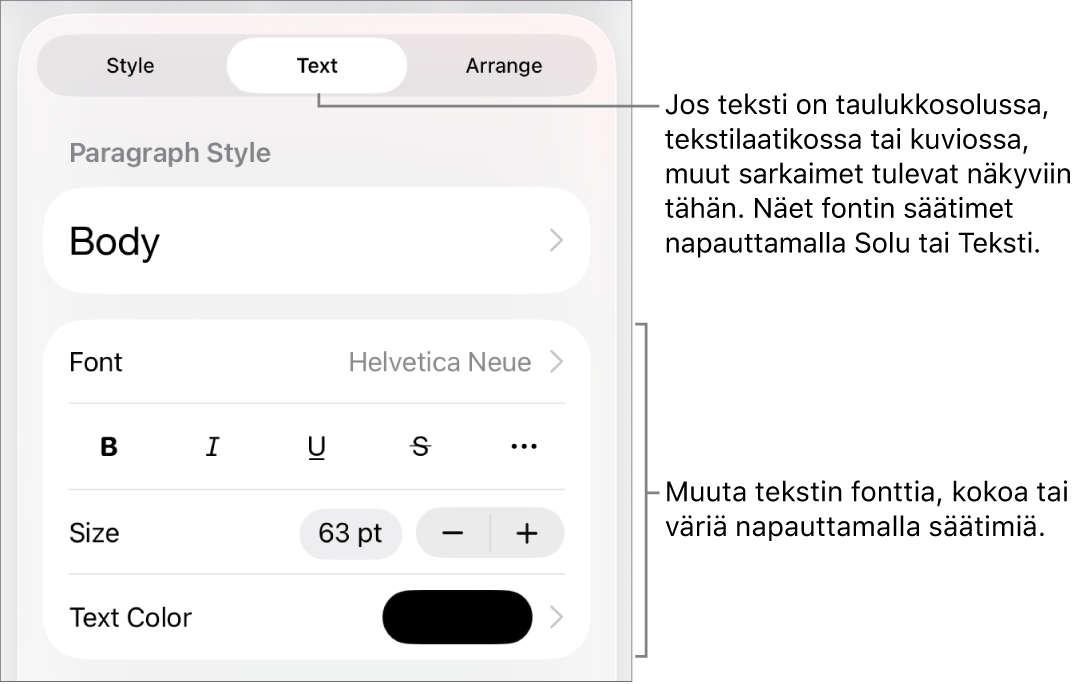 Muoto-valikon tekstisäätimet kappale- ja merkkityylien, fontin, koon ja värin valitsemista varten.