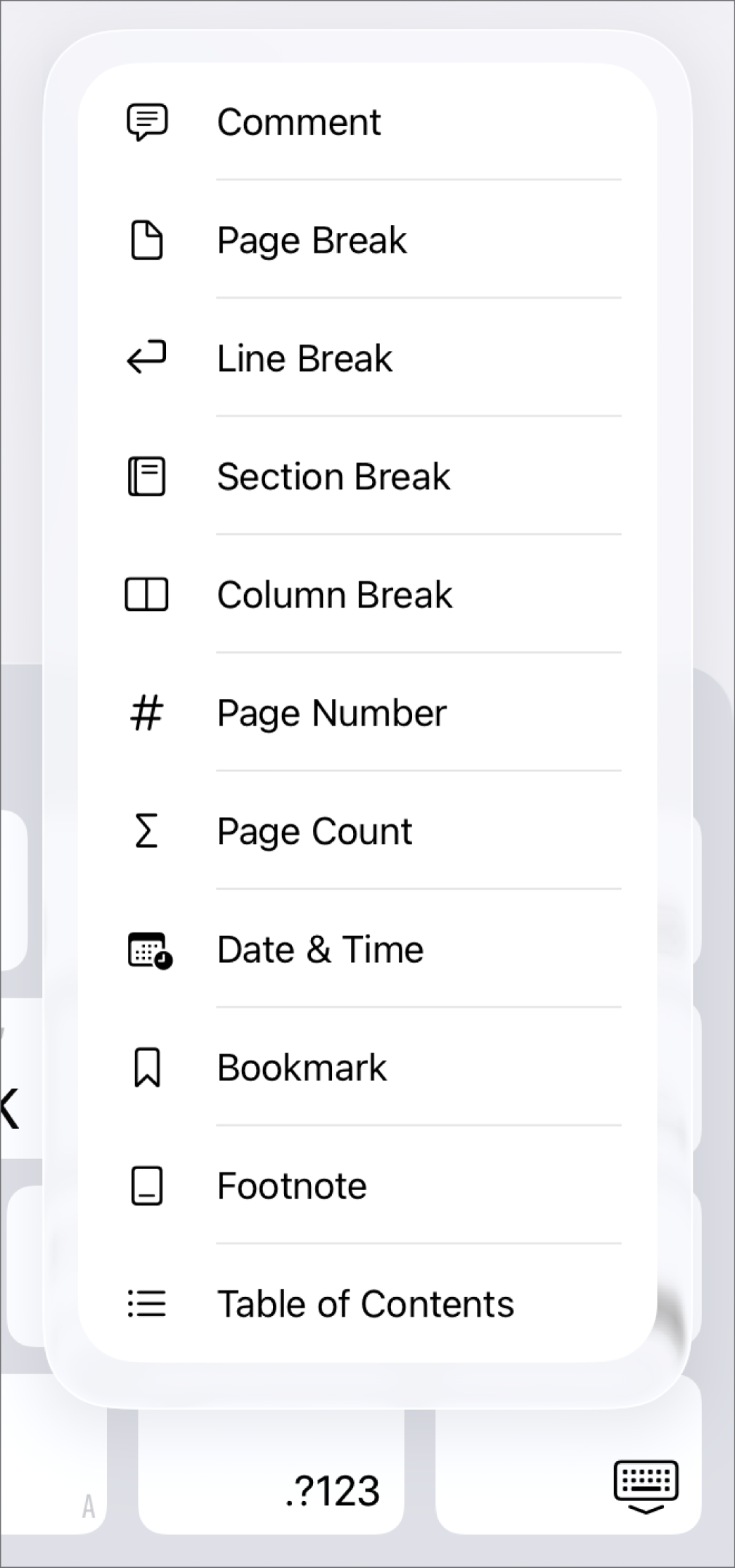 La barre de raccourcis comportant les commandes d’insertion s’ouvre au-dessus du bouton Insérer.