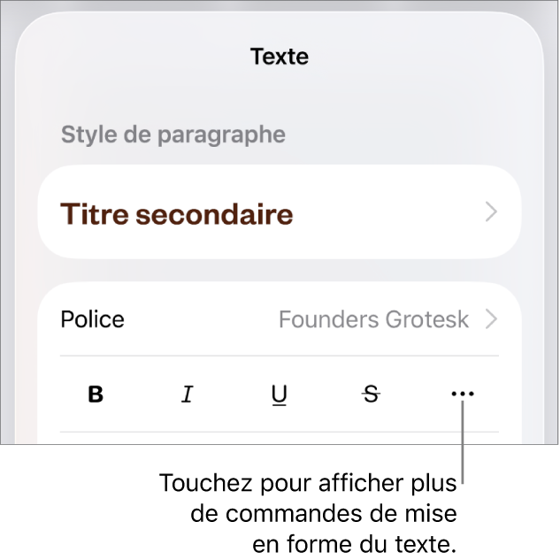 L’onglet Texte des commandes Format, avec une légende vers le bouton « Plus d’options de texte ».