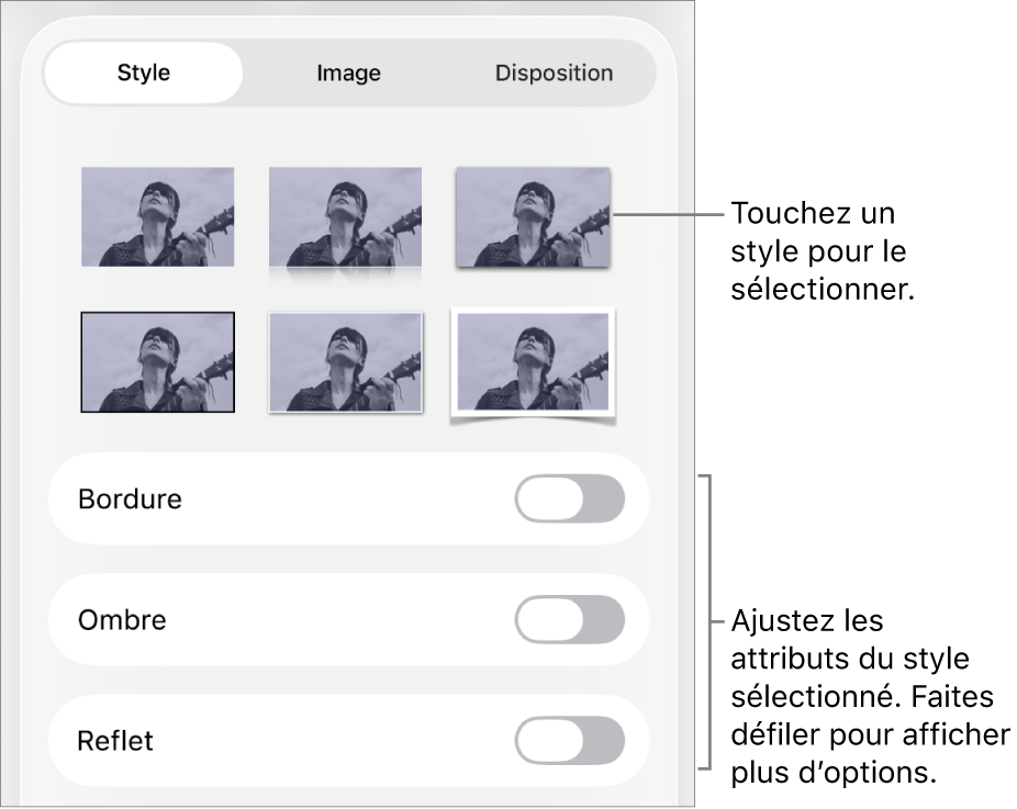L’onglet Style du menu Format avec les styles d’objet en haut et des commandes au-dessous pour modifier la bordure, l’ombre, le reflet et l’opacité.