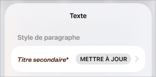 Style de paragraphe Corps avec un astérisque à côté de celui-ci et un bouton Mettre à jour situé à droite.