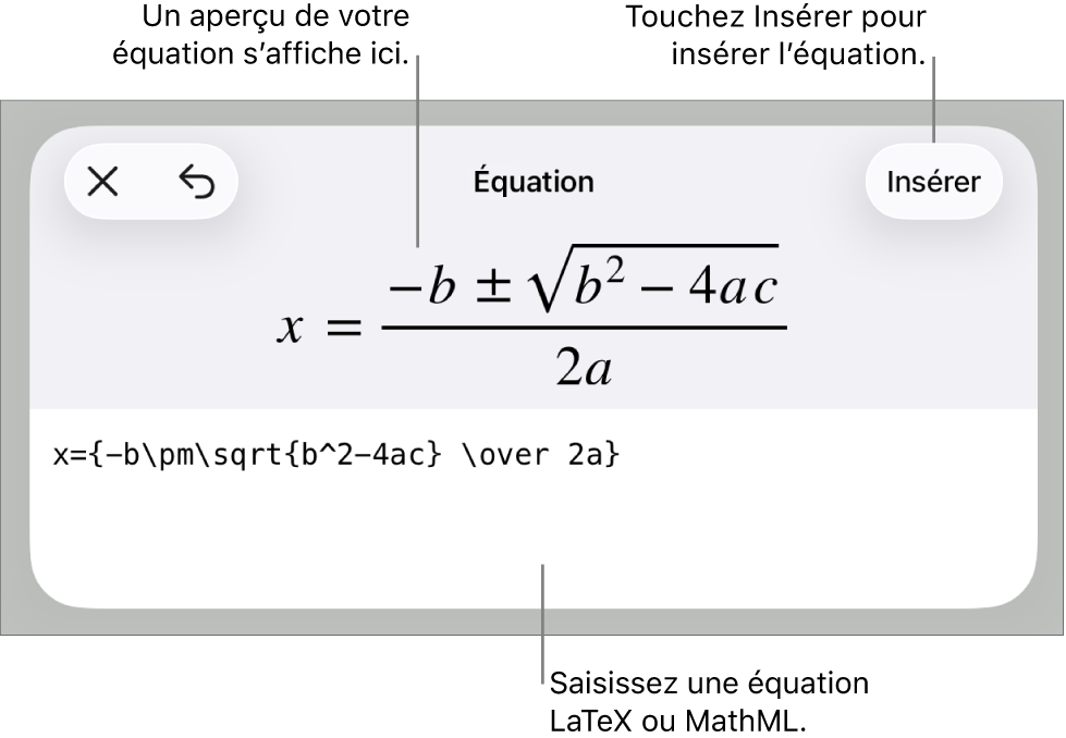 Zone de dialogue Équation, affichant une équation composée à l’aide des commandes MathML, et un aperçu de la formule au-dessus.