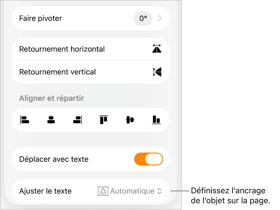 Les commandes Format avec l’onglet Disposition sélectionné et les commandes « Placer derrière/devant », « Déplacer avec texte » et « Ajuster le texte ».