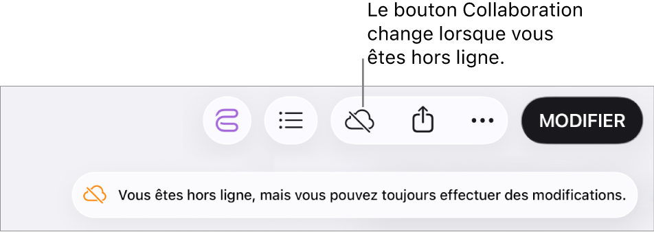 Une alerte à l’écran indique « Vous êtes hors ligne, mais vous pouvez toujours effectuer des modifications ».