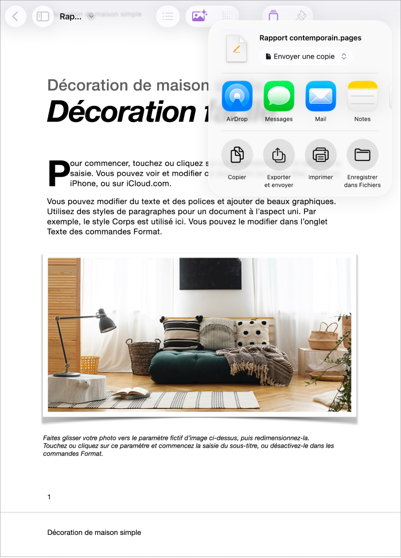 Dans un document de travail, avec les options de partage ou d’exportation ouvertes.