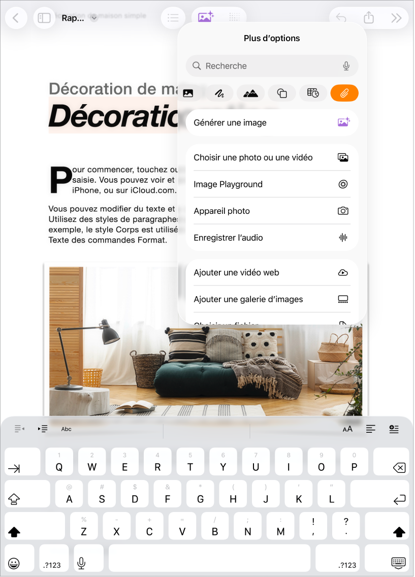 Document Pages ouvert avec le menu Insérer affiché et le menu multimédia ouvert.
