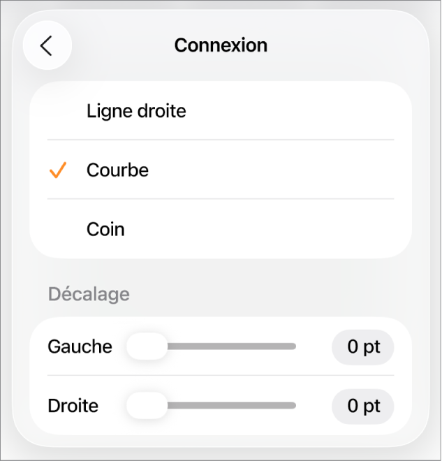 Les commandes Connexion avec l’option Courbe sélectionnée.