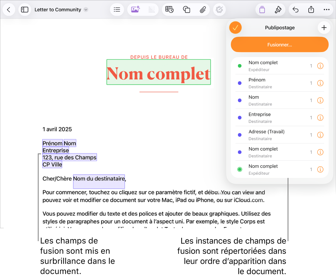Document Pages avec des champs de fusion de destinataire et d’expéditeur, ainsi que la liste des instances de champs de fusion visible dans la barre latérale Document.
