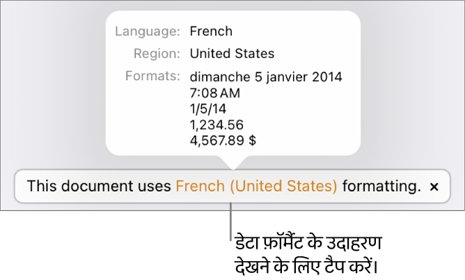 अलग भाषा और क्षेत्र सेटिंग संबंधी सूचना, जो उस भाषा और क्षेत्र के फ़ॉर्मैटिंग से जुड़े उदाहरण दर्शाती है।