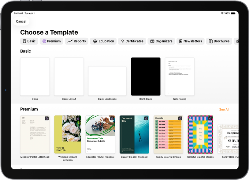 टेम्पलेट चयनकर्ता शीर्ष पर श्रेणियों की पंक्ति दिखाता है, जिस पर टैप करके आप विकल्पों को फ़िल्टर कर सकते हैं। नीचे श्रेणी के आधार पर पंक्तियों में व्यवस्थित किए गए पूर्नर्वनिर्धारित टेम्पलेट के थंबनेल हैं, जो शीर्ष पर हालिया से शुरू होते हैं और उसके बाद मूल और फिर रिपोर्ट आते हैं। “सभी देखें” बटन ऊपर और प्रत्येक श्रेणी पंक्ति के दाईं ओर दिखाई देता है।