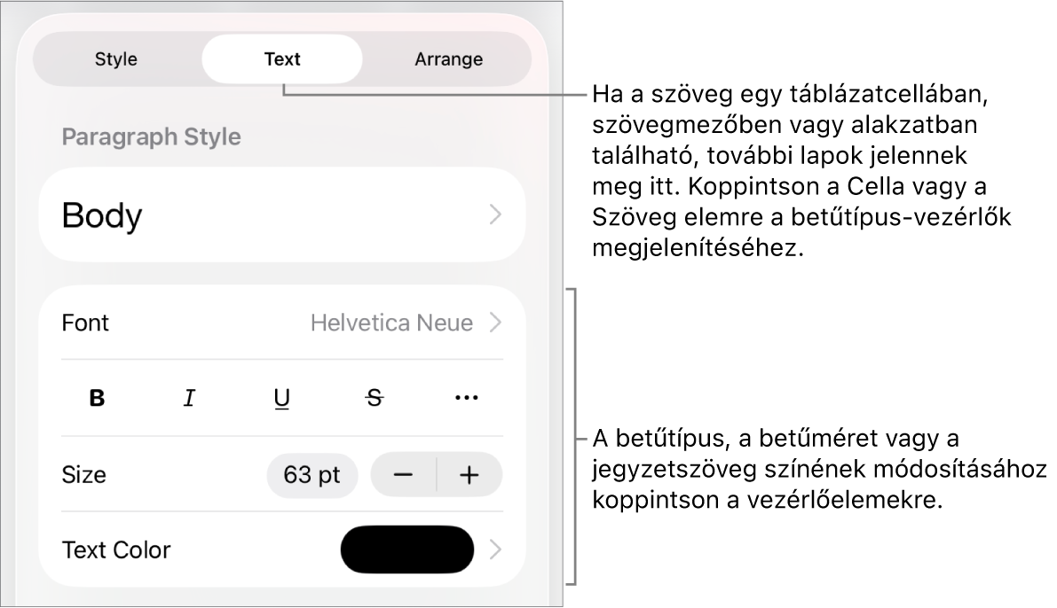 A Formátum menü szövegvezérlői a bekezdés és a karakterek stílusának, betűtípusának, méretének és színének beállításához.