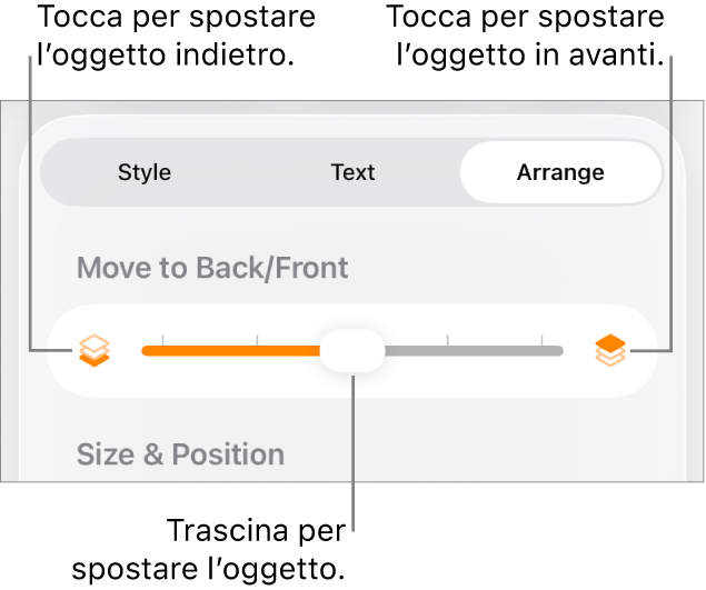 Pulsante sposta indietro, pulsante sposta avanti e cursore livelli.