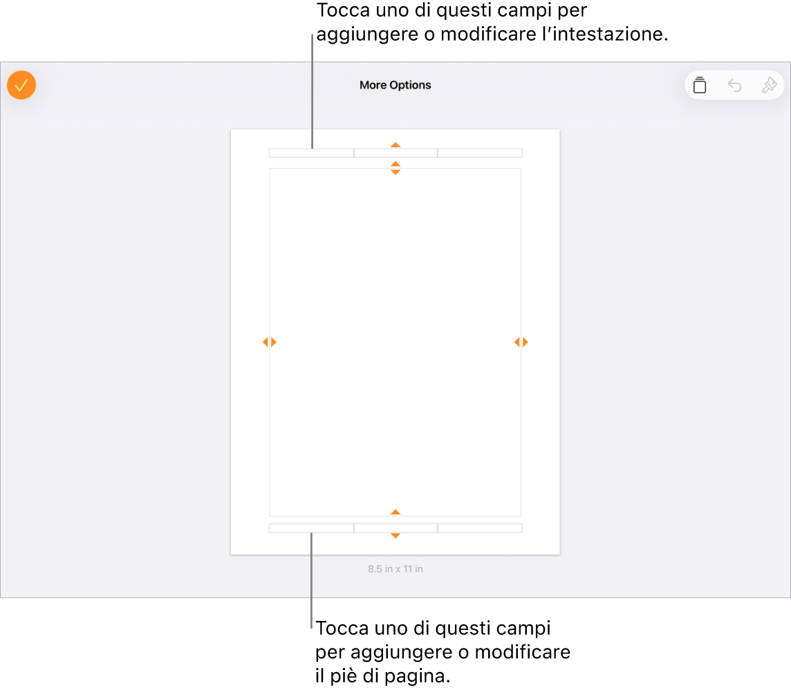 La vista “Altre opzioni” con tre campi nella parte superiore del documento per le intestazioni e tre campi nella parte inferiore per i piè di pagina.