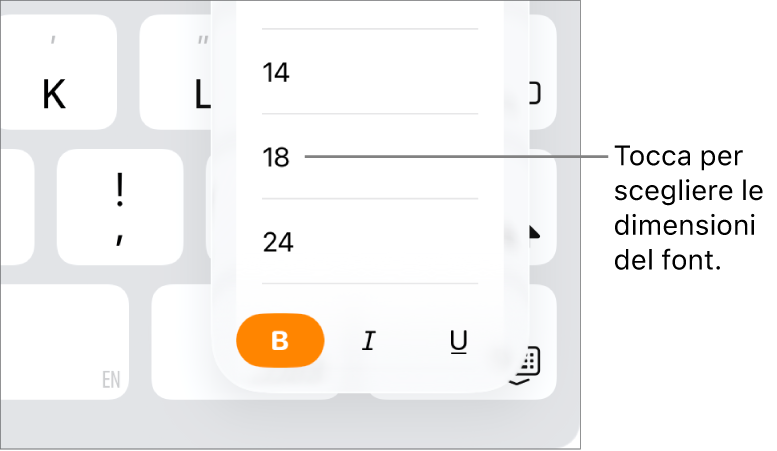 Il pulsante “Dimensione font” sul lato destro della tastiera di iPad, con il menu “Dimensione font” aperto. Le dimensioni del font standard governative della Cina continentale vengono visualizzate nella parte superiore del menu, con sotto le dimensioni in punti.