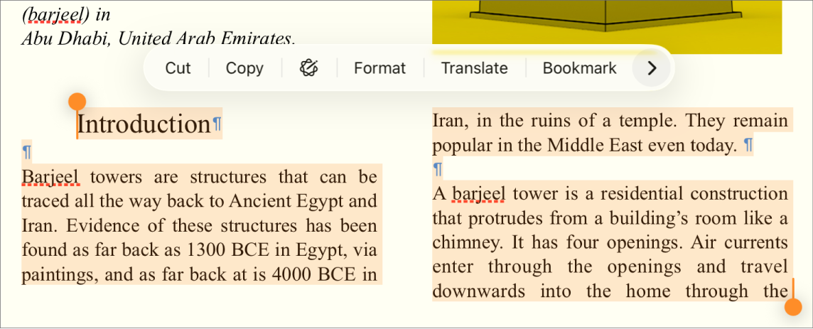 Testo con i simboli per un’interruzione di paragrafo e un’interruzione di sezione.