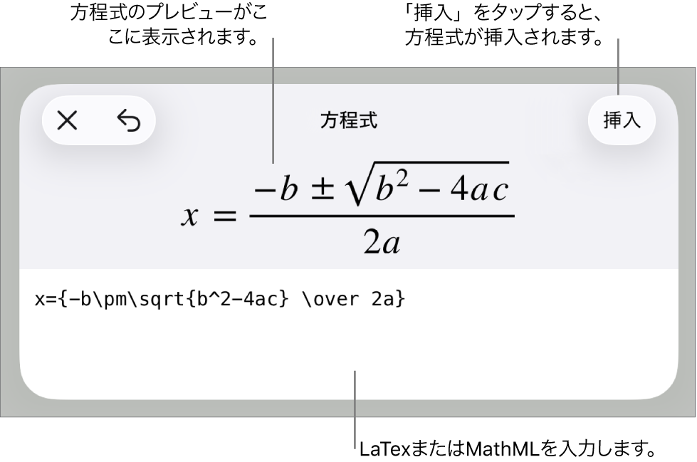 「方程式」ダイアログ。MathMLコマンドを使用して書き込まれた方程式が表示され、その上に公式のプレビューが表示されています。