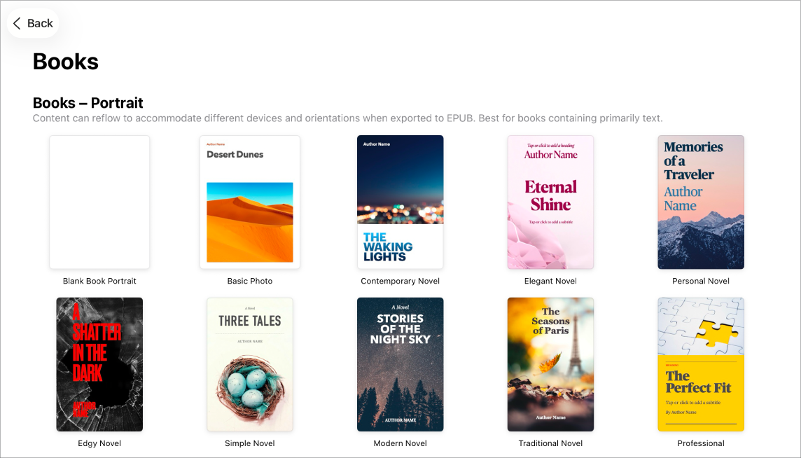 Pemilih templat dengan templat buku dalam orientasi potret di bahagian atas dan orientasi landskap di bahagian bawah.