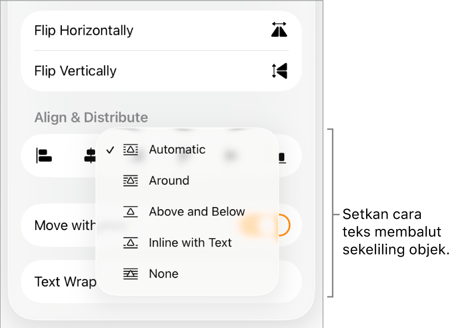 Kawalan Format dengan tab Susun dipilih. Di bawahnya ialah kawalan Balut Teks dengan Bergerak ke Belakang/Depan, Alihkan dengan Teks dan Balut Teks.