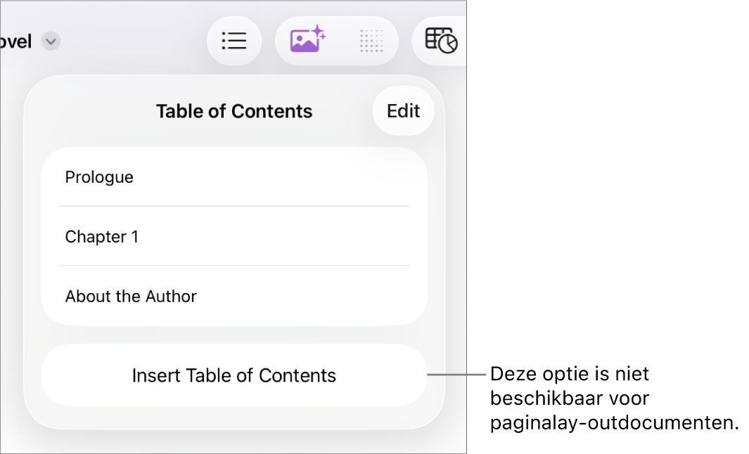 De weergave voor de inhoudsopgave met rechtsboven de knop 'Wijzig', onderdelen in de inhoudsopgave en onderin de knop 'Voeg inhoudsopgave in'.