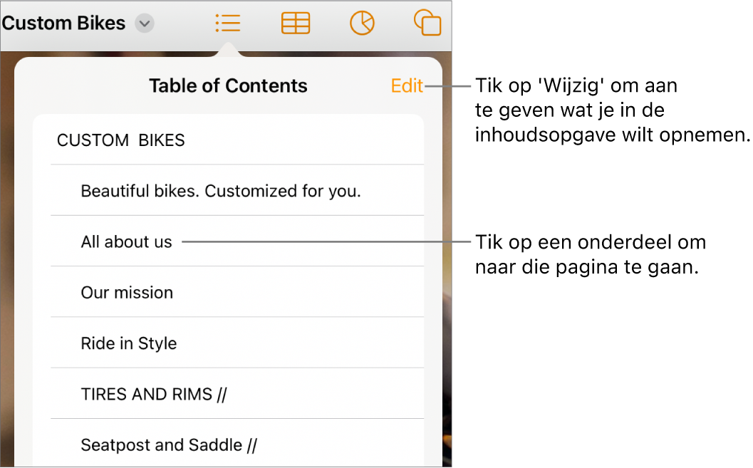 De inhoudsopgave met onderdelen in een lijst. De knop 'Wijzig' staat rechtsboven in de weergave.