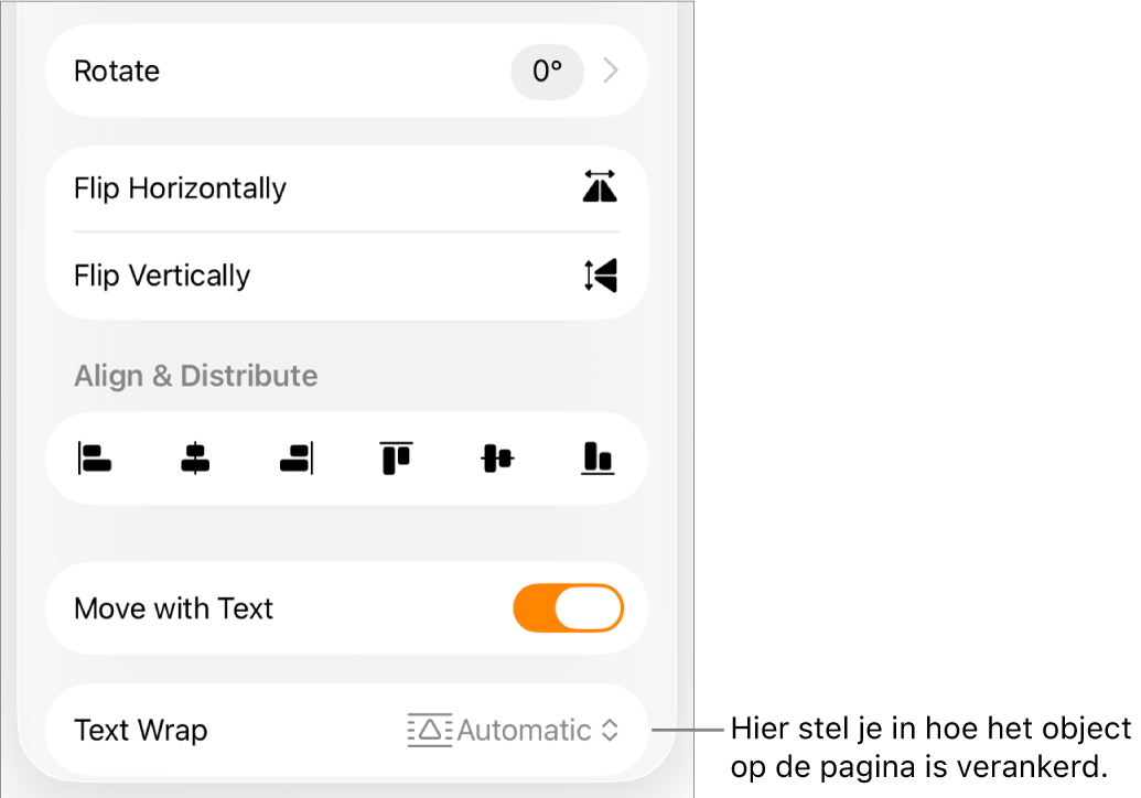 Het tabblad 'Orden' in het paneel met opmaakregelaars en regelaars voor 'Naar achteren/Naar voren', 'Mee met tekst' en 'Tekstomloop'.