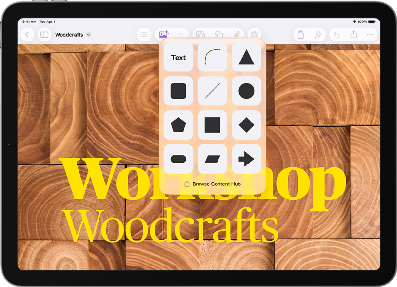 Het Voeg in-menu met bovenaan knoppen voor het toevoegen van tabellen, diagrammen, vormen en media. De vormenknop is geselecteerd en in het bijbehorende menu wordt een rij categorieën weergegeven met aan de linkerkant een zoekknop. De categorie 'Activiteiten' is geselecteerd en eronder staan vormen.