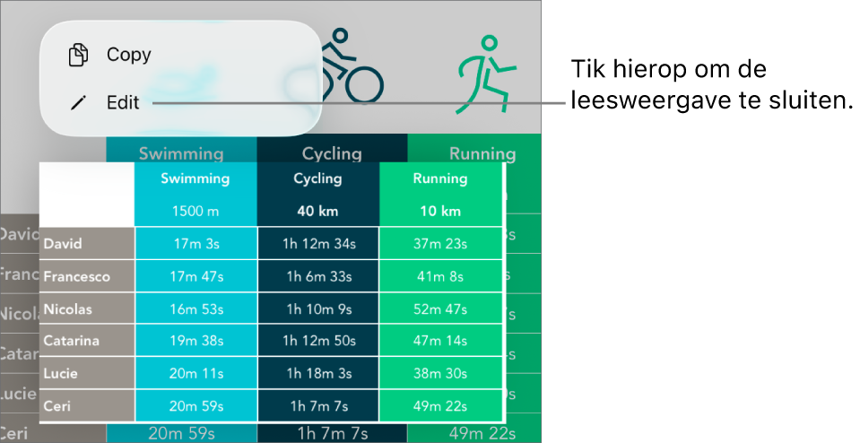 Er is een tabelcel geselecteerd en erboven staat een menu met de knoppen 'Kopieer' en 'Wijzig'.