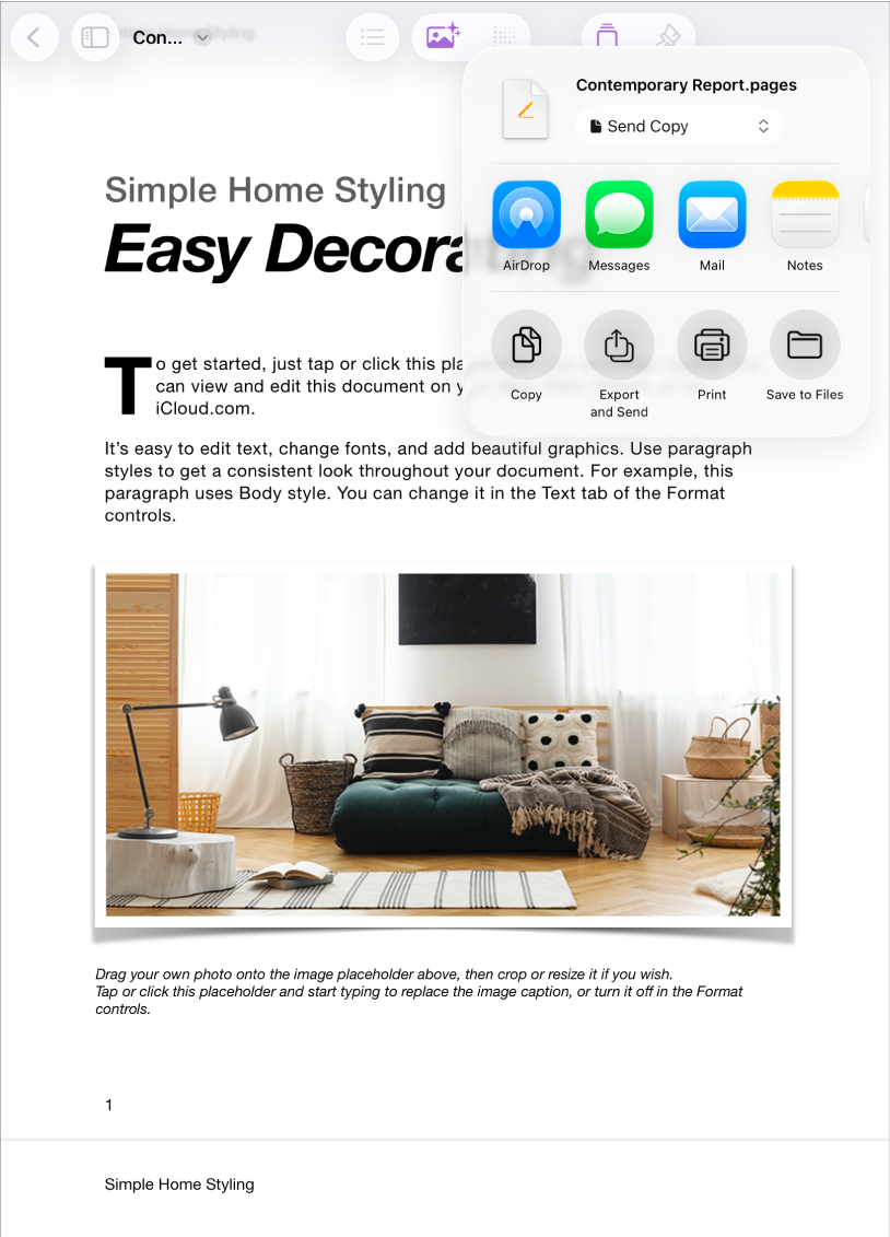 Een werkdocument waarin de opties voor delen en exporteren worden weergegeven.
