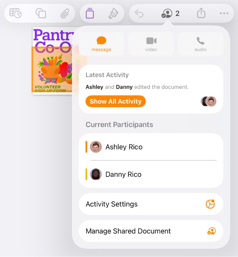 Menu współpracy zawierające nazwiska osób wspólnie pracujących nad dokumentem.