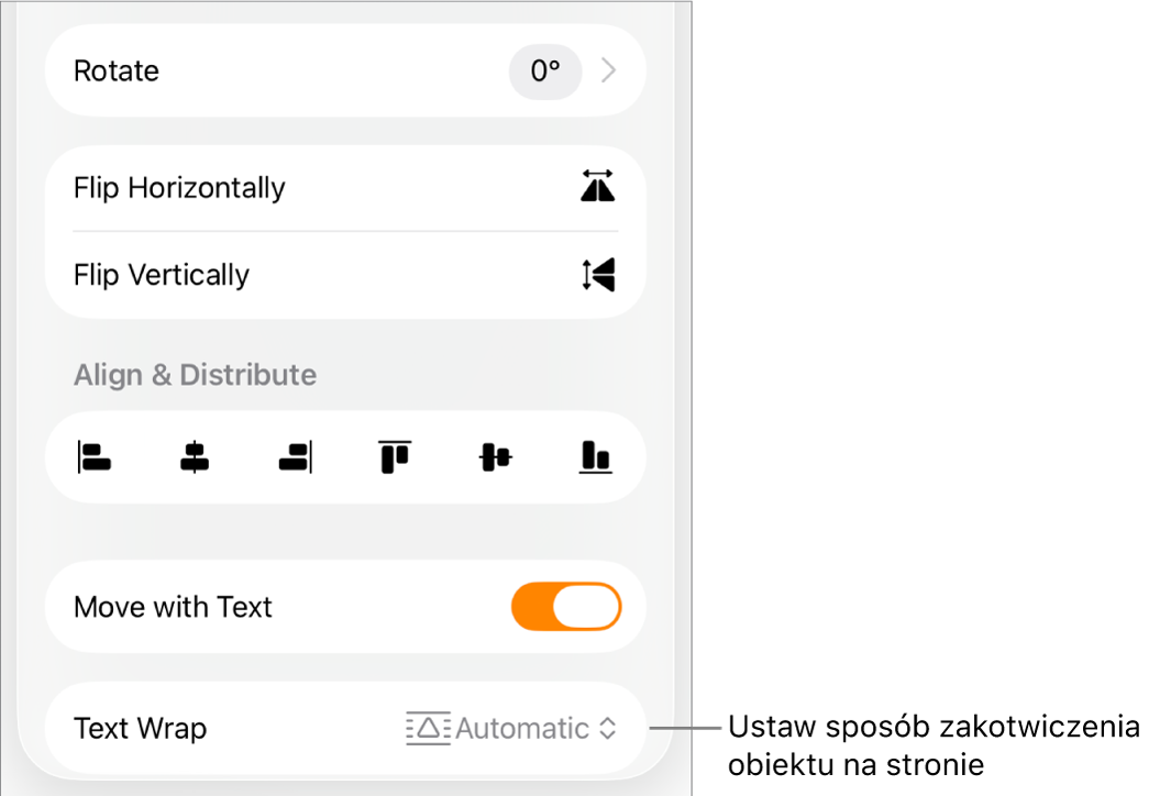 Narzędzia formatowania z zaznaczoną kartą Uporządkuj. Widoczne są narzędzia: Przenieś na wierzch/spód, Przenoś z tekstem i Oblewanie tekstem.