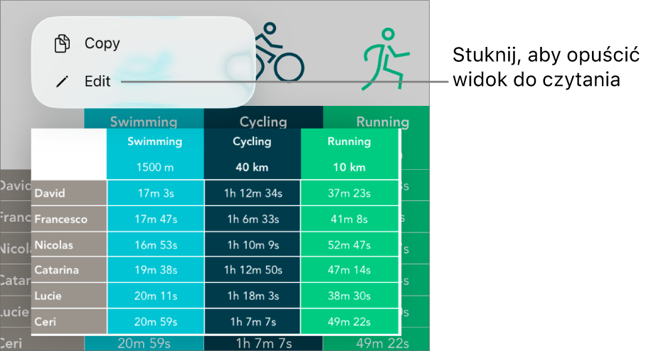 Zaznaczona komórka tabeli z widocznym powyżej menu kontekstowym zawierającym przyciski Kopiuj oraz Edycja.