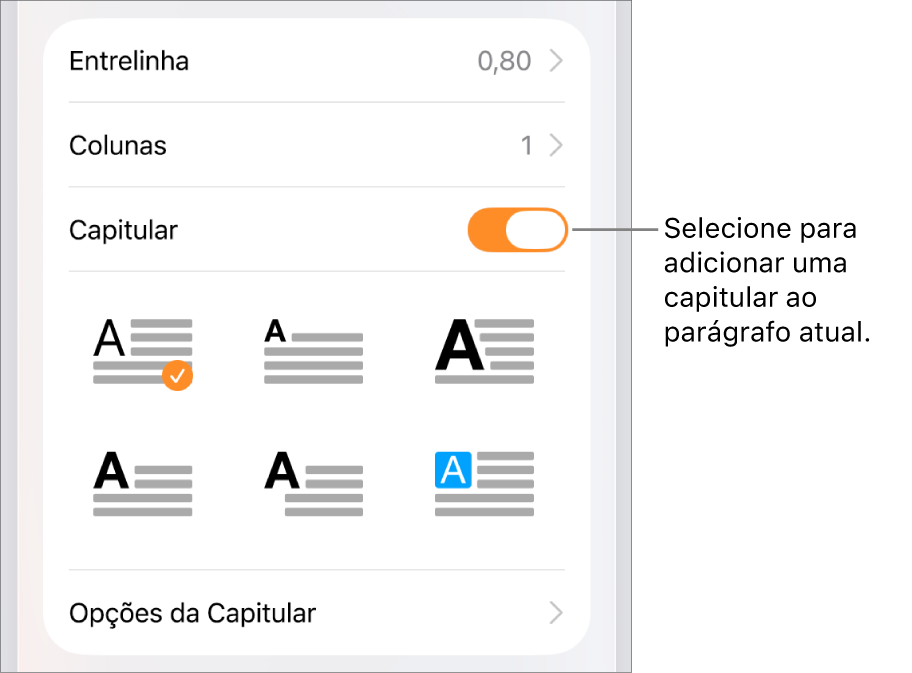 Controles Capitular localizados no menu Texto.