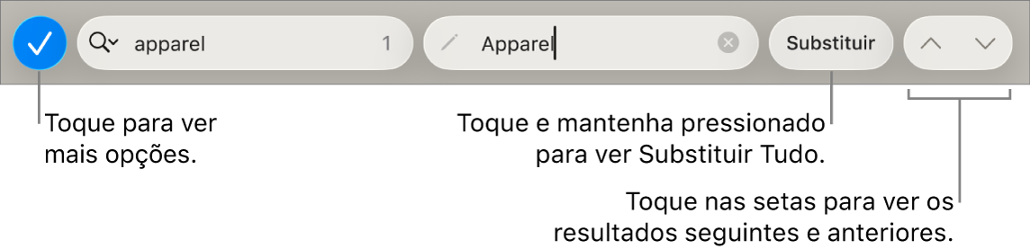 Os controles em “Buscar e Substituir” acima do teclado, com chamadas para os botões Opções de Busca, Substituir, Ir para Cima e Ir para Baixo