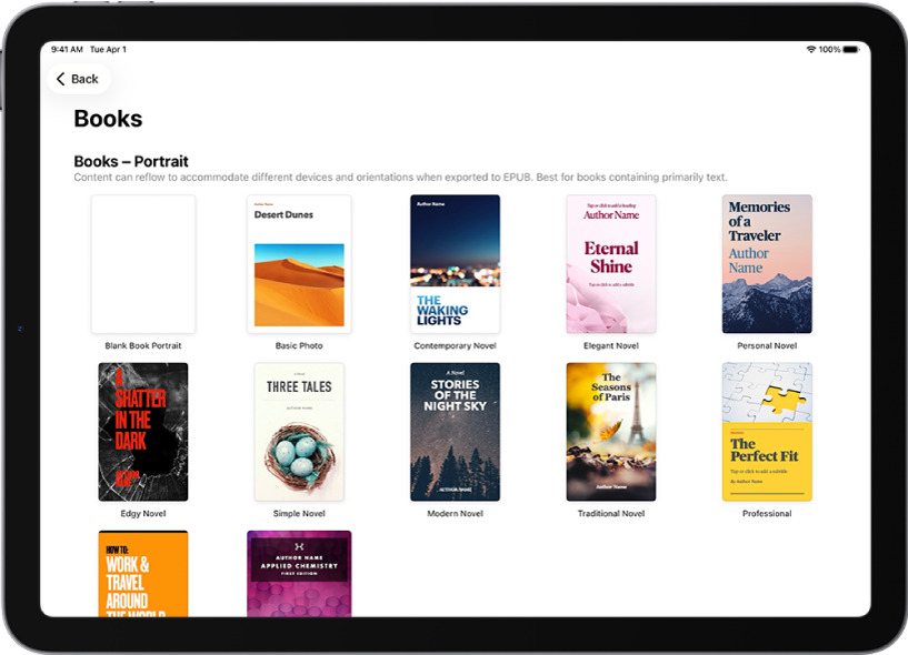 A lista de modelos com os modelos de livro na orientação vertical na parte superior e a orientação horizontal por baixo.