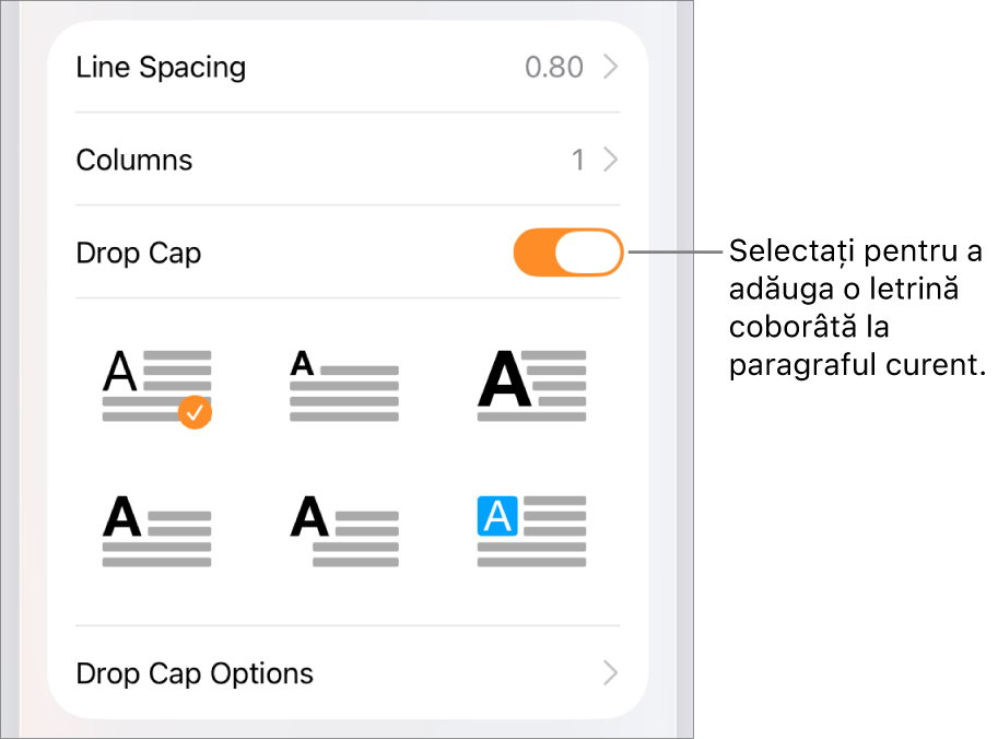 Comenzile Letrină coborâtă situate în meniul Text.