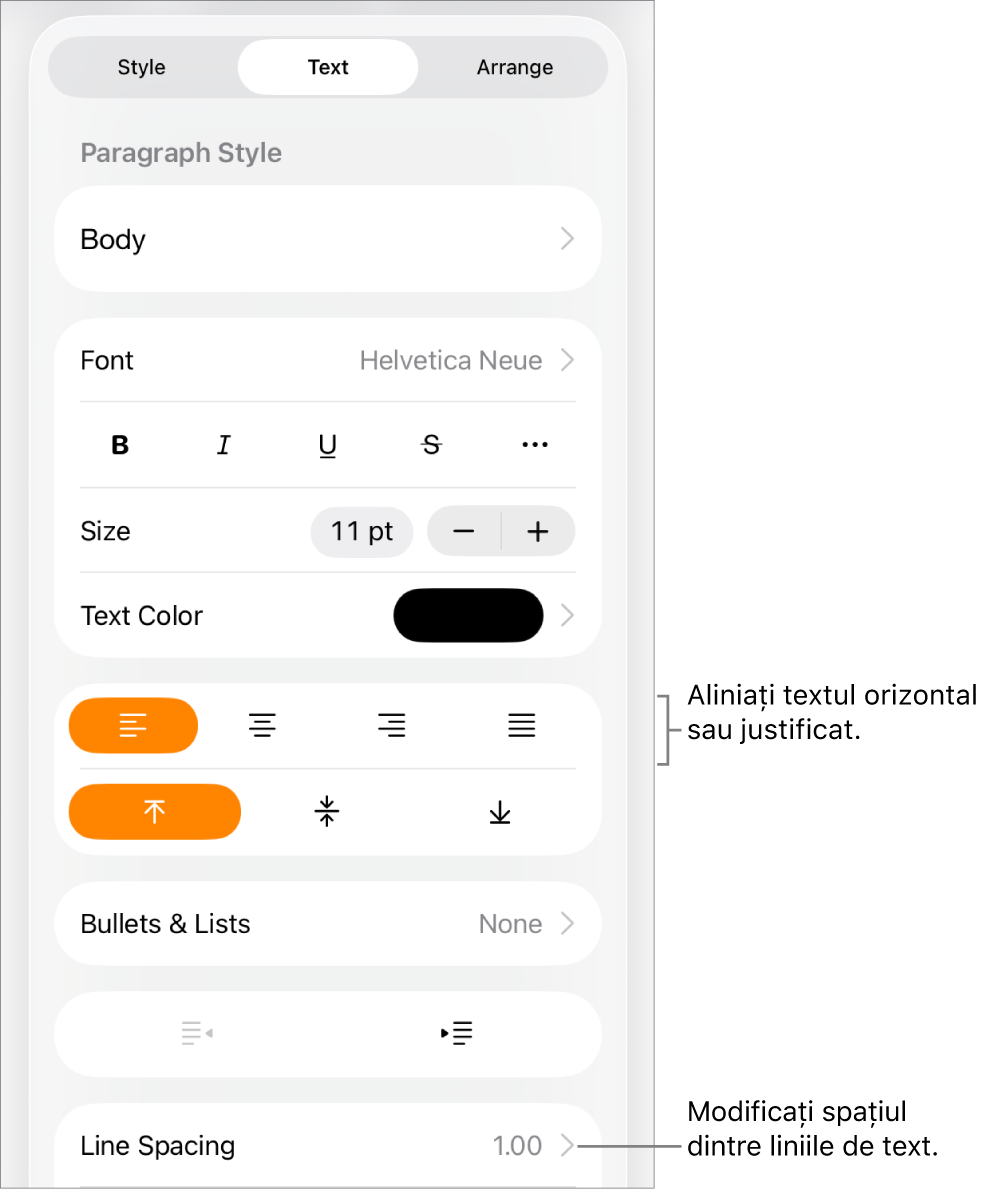 Butonul pentru comenzile Format, cu fila Text selectată și explicații pentru butoanele de aliniere a textului și articolul de meniu Spațiere linii.
