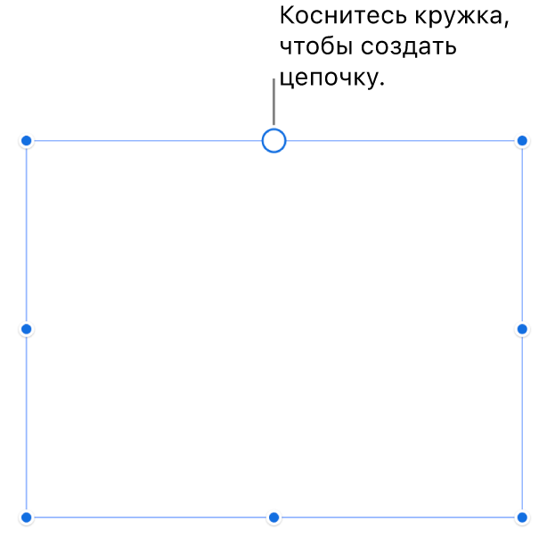 Пустой текстовый блок с белых кружком вверху и манипуляторами изменения размера на углах, сторонах и внизу.