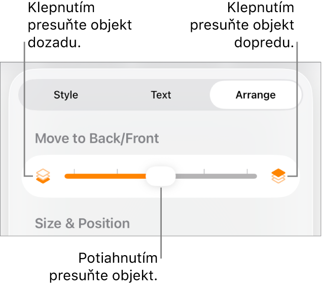 Tlačidlo Presunúť dozadu, tlačidlo Presunúť dopredu a posuvník vrstiev.