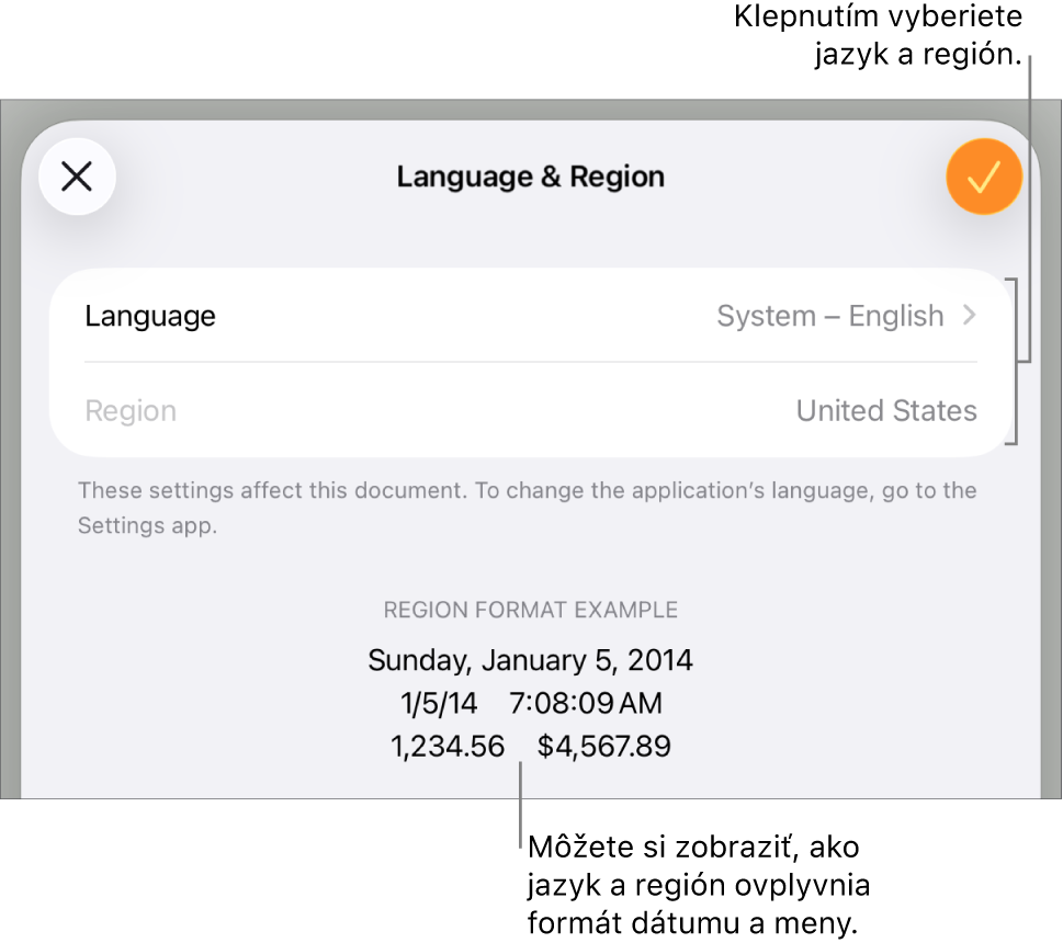 Panel Jazyk a región s ovládacími prvkami pre jazyk a región a príklad formátu dátumu, času, desatinného znaku a meny.