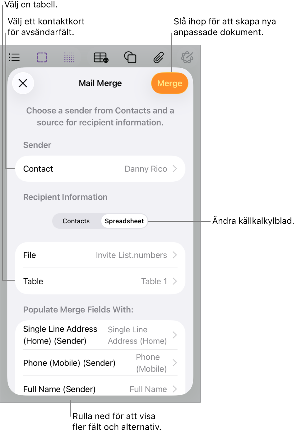 Adresslänkningspanelen är öppen med alternativ för att välja avsändarinformation, ändra källfil eller -tabell, förhandsvisa datalänkfältsnamn eller enskilda poster eller länka dokumentet.