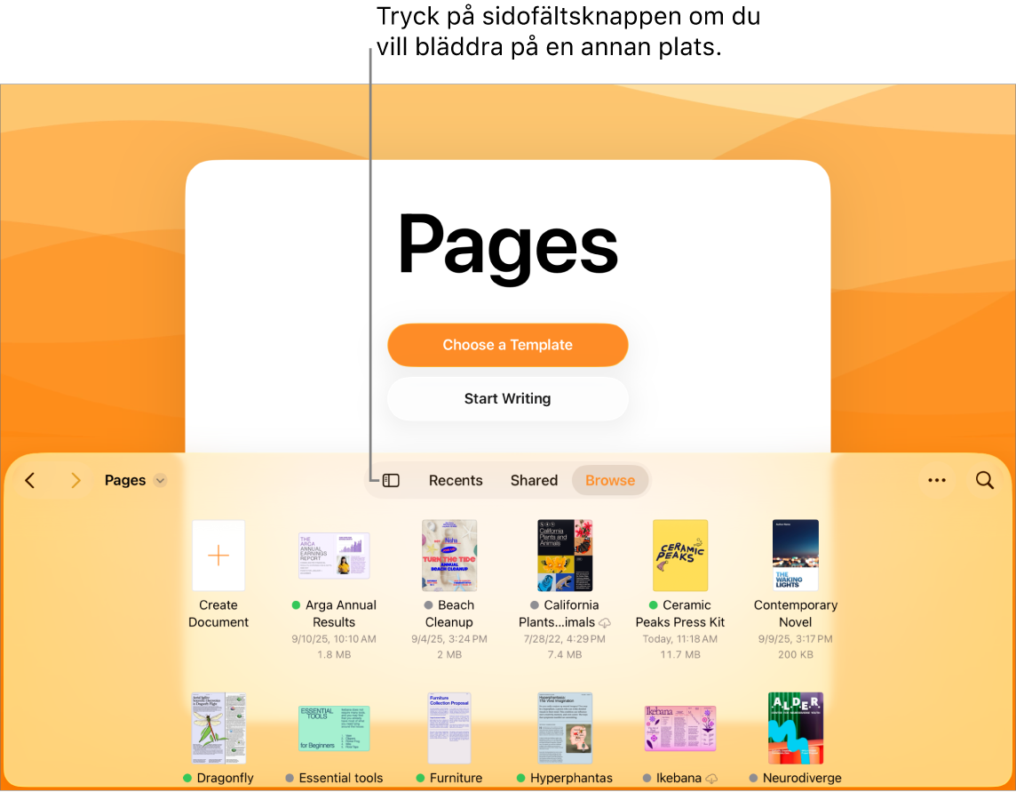 Bläddringsvyn i dokumenthanteraren med sidofältsknappen i det övre vänstra hörnet. Uppe till höger finns lägg till-knappen, knappen för ny mapp, symbolknappen (till att sortera efter namn, datum, storlek eller tagg), markeringsknappen och sökknappen. Under dessa finns miniatyrer för befintliga dokument.