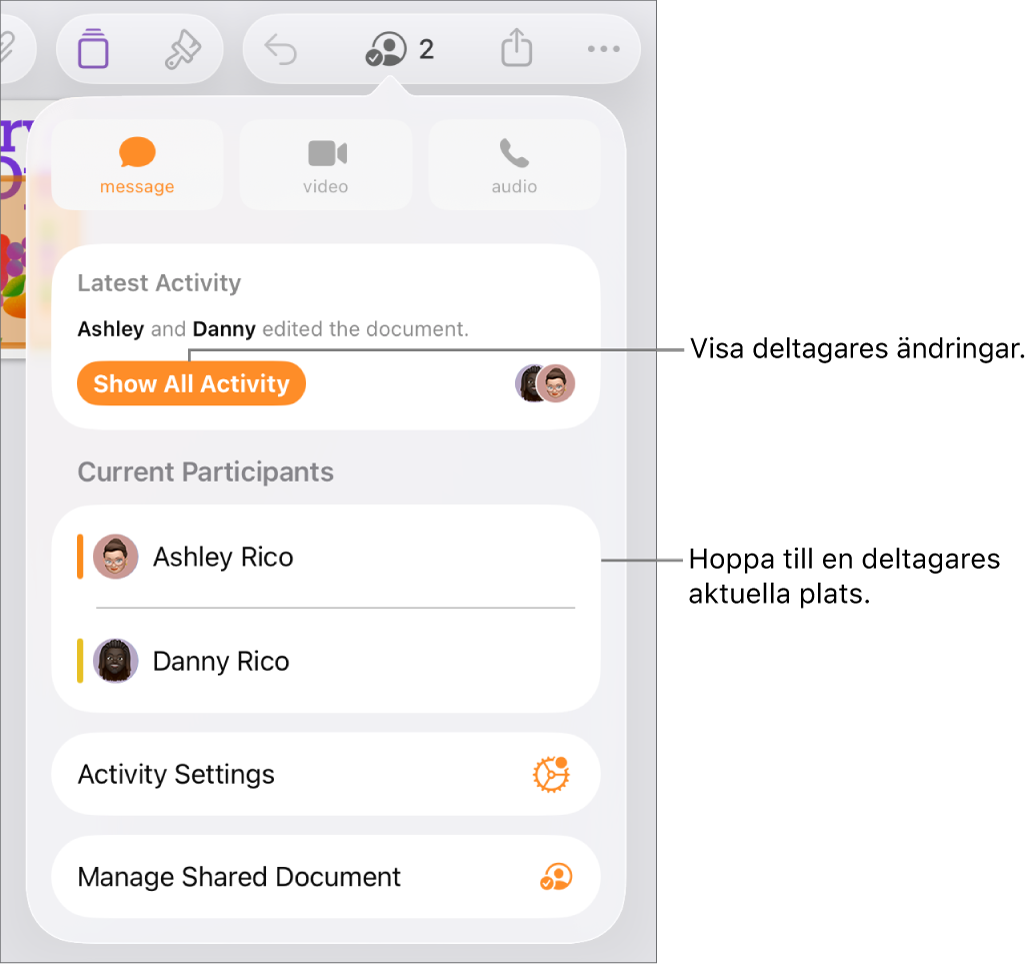 Samarbetsmenyn med aktuella deltagare listade.