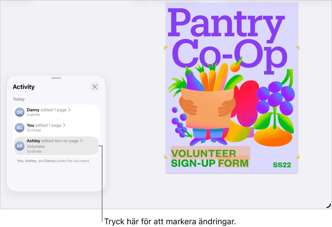 Ett samarbetsdokument med aktivitetslistan öppen.