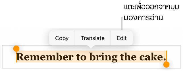 ประโยคถูกเลือกอยู่ และด้านบนเป็นเมนูบริบทที่มีปุ่มคัดลอกและปุ่มแก้ไข