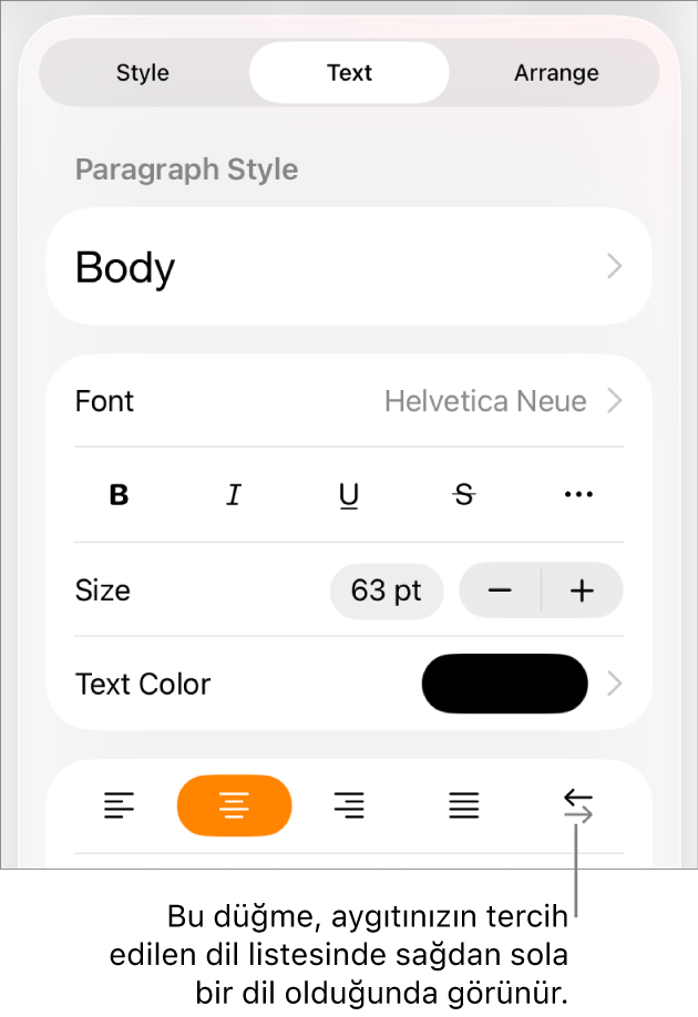 Sağdan Sola düğmesini gösteren bir belirtme çizgisi ile Biçim menüsündeki metin denetimleri.