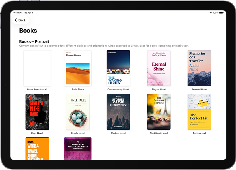 Bộ chọn mẫu với các mẫu sách hướng dọc ở đầu và hướng ngang ở bên dưới.