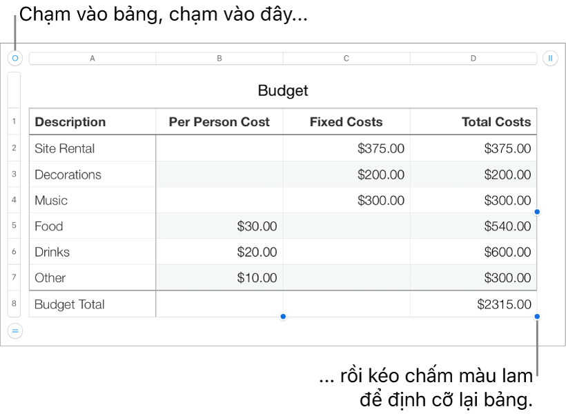 Một bảng được chọn có các dấu chấm màu lam để định cỡ lại.