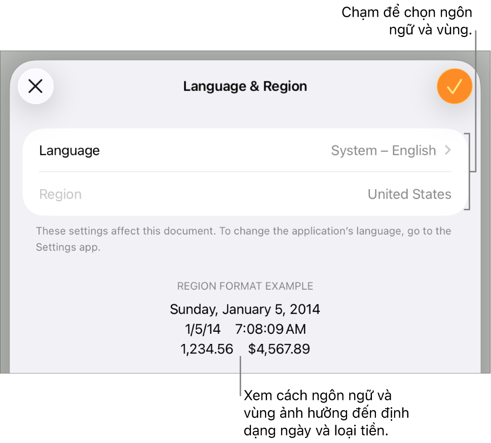 Khung Ngôn ngữ và Vùng với các điều khiển cho ngôn ngữ và vùng và ví dụ về định dạng bao gồm ngày, giờ, phần thập phân và loại tiền.